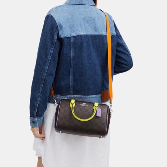 COACH Rowan Satchel In Colorblock Signature Canvas Silver/Brown/Iris Multi - Picture 15 of 16